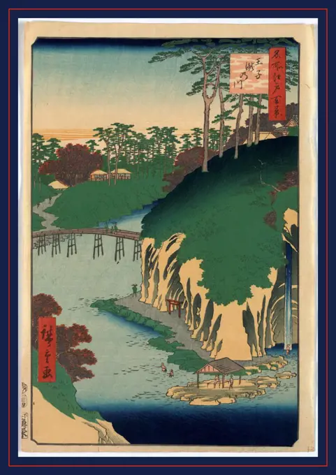 Oji takinogawa, Takinogawa, Oji., Ando, Hiroshige, 1797-1858, artist, 1856., 1 print : woodcut, color ; 36 x 24.4 cm., Print shows a bird's-eye view of the Takino River near the Oji station with steep cliff, waterfall, walkway along the river with torii at entrance to shrine, a wooden bridge spanning the river leading to cherry blossom viewing area and buildings in background.