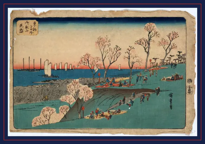 Gotenyama hanazakari, Blossoms at Gotenyama., Ando, Hiroshige, 1797-1858, artist, between 1835 and 1838, 1 print : woodcut, color ; 24.4 x 37.1 cm., Print shows people sitting and walking, picnicing and viewing blossoms on a bluff above a town on the seacoast with ships offshore.