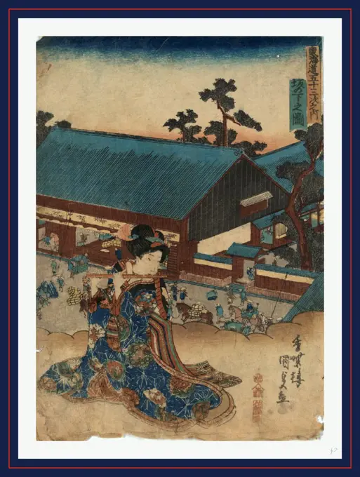 Saka no shita no zu, View of Sakanoshita., Utagawa, Toyokuni, 1786-1865, artist, between 1837 and 1844, 1 print : woodcut, color ; 25.2 x 18.2 cm., Print shows a woman sitting, playing a flute on a cloud outside an inn or large commercial building with porters and travelers passing in the street at the Sakano shita station on the Tokaido Road.