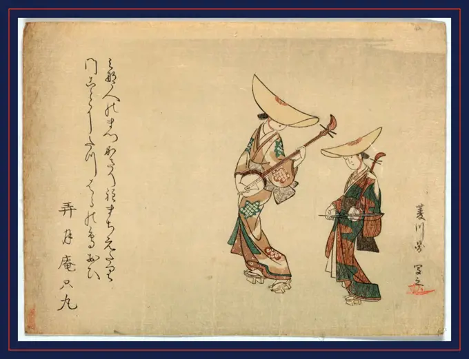 Moronobu utsushi torioi zu, A copy of Hishikawa Moronobu's Design of musicians., between 1811 and 1830, 1 print : woodcut, color ; 13.8 x 18.5 cm., Print shows two female street musicians wearing kimonos, geta, and large hats, and playing shamisens.