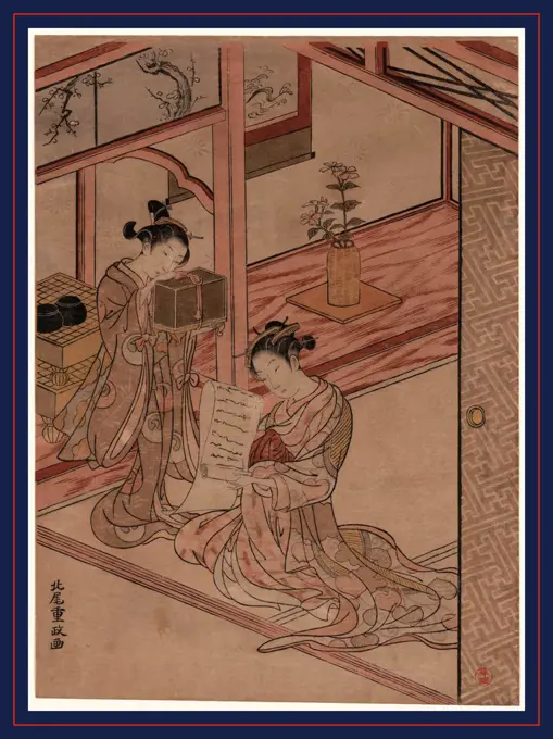 Zashiki no yujo to kamuro, Courtesan and Kamuro in a parlour., Kitao, Shigemasa, 1739-1820, artist, between 1764 and 1772, 1 print : woodcut, color ; 27.9 x 20.5 cm., Two girls in an interior, one seated reading a scroll, the other standing up looking into an insect cage.