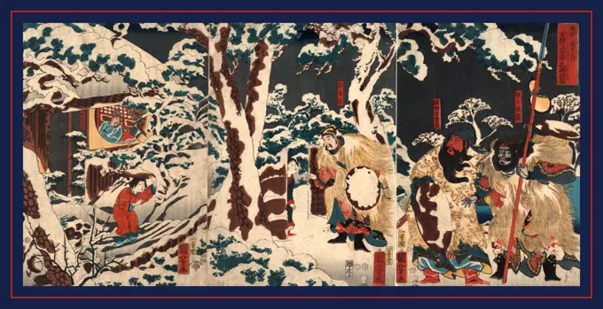 Gentoku mitabi secchu ni komei o otonou no zu, Xuande visiting Kongming for the third time., Utagawa, Kuniyoshi, 1798-1861, artist, 1853., 1 print (3 sheets) : woodcut, color ; 35 x 23.9 cm (left panel), 34.5 x 24.3 cm (center panel), 34.8 x 23.9 cm (right panel), Print shows Liu Bei (Xuande) with two samurai paying a night visit during a snow storm to Zhuge Liang (Kongming) to request that he become his advisor.
