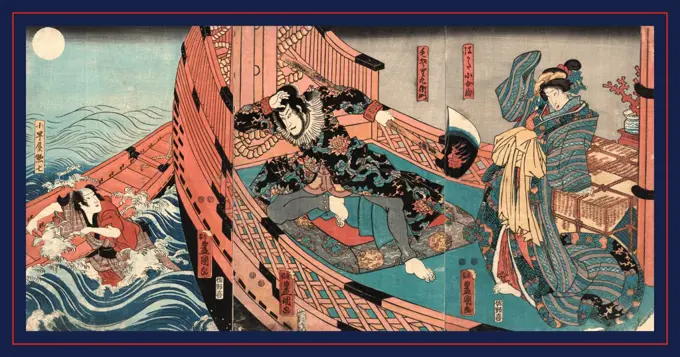 Hakata kojoro kezori kuemon komachiya soshichi, Actors in the roles of Hakata Kojuro, Kezori Kuemon, and Komachiya Soshichi., Utagawa, Toyokuni, 1786-1865, artist, [between 1848 and 1854], 1 print (3 sheets) : woodcut, color ; 36.2 x 24.5 cm (left panel), 36 x 24.4 cm (center panel), 35.9 x 24.5 cm (right panel), Print shows two actors on board a ship and one in the water; portraying Hakata Kojuro, the smuggler or pirate, Kezori Kuemon, and the merchant, Komachiya Soshichi.