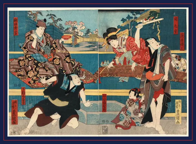 Ibaragiya denzo ibaragiya kokonoe akita hideie hoka, Actors in the roles of Ibaragi-ya Denzo, Ibaragi-ya Kokonoe, Akita Hideie, and others., Utagawa, Toyokuni, 1786-1865, artist, between 1848 and 1854, 1 print (2 sheets) : woodcut, color ; 34.3 x 24.6 cm (left panel), 34.3 x 23.9 cm (right panel), Print shows actors and musicians performing for a nobleman.