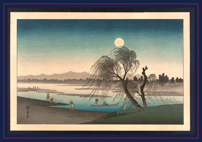 Fukeiga, Ando, Hiroshige, 1797-1858, artist, between 1900 and 1940, from an earlier print, 1 print : woodcut, color., Print shows a moonlight scene along a river with people fishing, in boats, and walking along the shore.