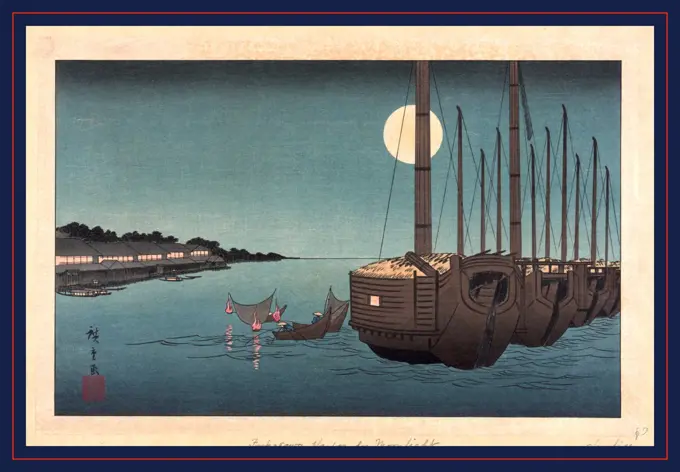 Fukeiga, Ando, Hiroshige, 1797-1858, artist, between 1900 and 1940, from an earlier print, 1 print : woodcut, color., Print shows a moonlight scene on a river with boats.