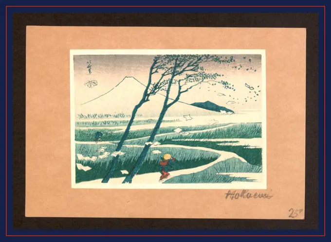 Fukeiga, Katsushika, Hokusai, 1760-1849, artist, between 1900 and 1940, from an earlier print, 1 print : woodcut, color., Print shows two travelers struggling against the wind, which is also blowing sheets of paper or cloth, with view of Mount Fuji in the background.