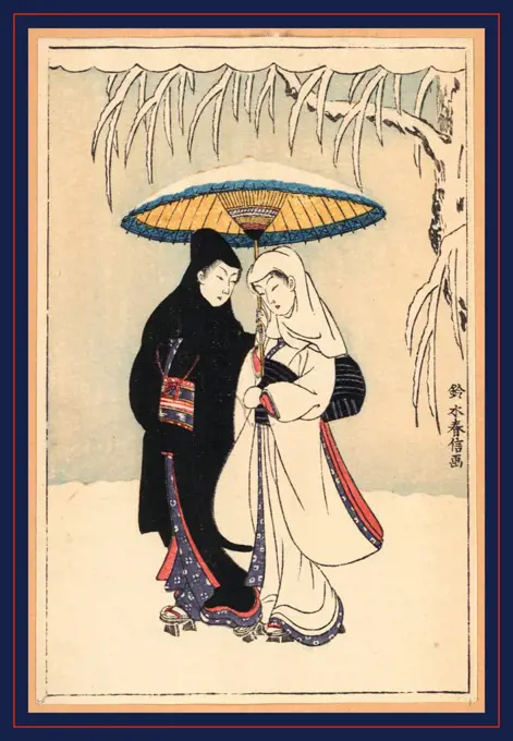 Secchu aiaigasa, Couple under umbrella in the snow (crow and heron)., Suzuki, Harunobu, 1725-1770, artist, 1 print : woodcut, color., Print shows a man and a woman standing in the snow beneath a snow-covered umbrella.