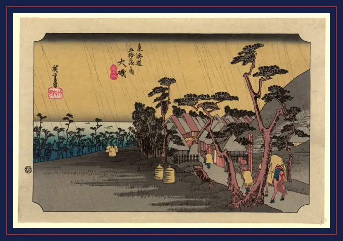 Oiso, Ando, Hiroshige, 1797-1858, artist, between 1833 and 1836, printed later, 1 print : woodcut, color., Print shows travelers, during a rain storm, passing a small shrine at the entrance to the village at the Oiso station on the Tokaido Road.