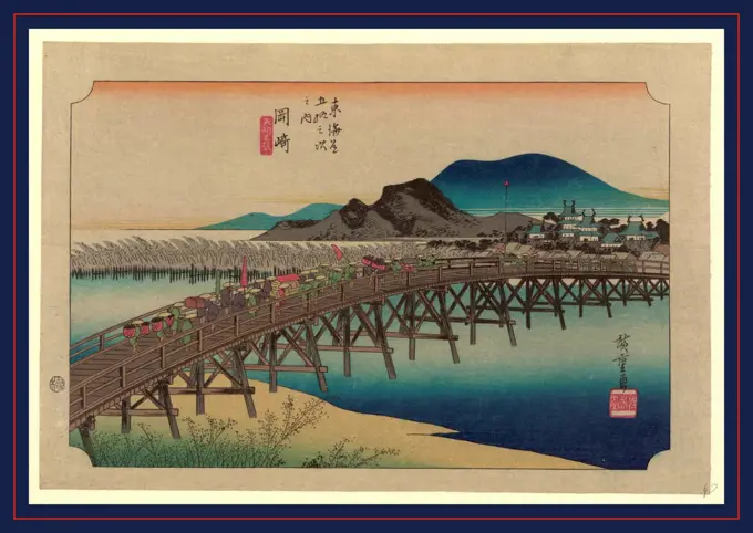 Okazaki, Ando, Hiroshige, 1797-1858, artist, [between 1833 and 1836, printed later], 1 print : woodcut, color., Print shows porters and retainers carrying bundles and a sedan chair across the bridge at the Okazaki station on the Tokaido Road.