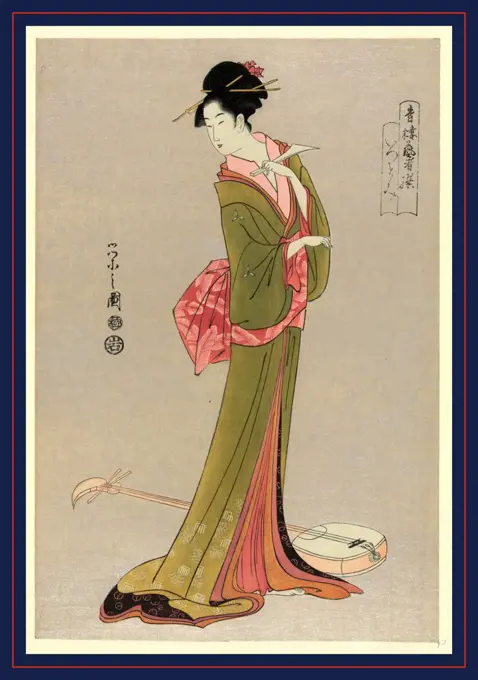 Itsutomi, Hosoda, Eishi, 1756-1829, artist, 1793, printed later, 1 print : woodcut, color., Print shows a woman, full-length, standing, turned slightly to the left, a shamisen at her feet.
