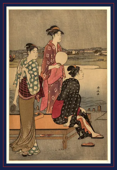 Okawabata yuryo, Cooling off near the river bank., Torii, Kiyonaga, 1752-1815, artist, 1785, printed later, 1 print : woodcut, color., Print shows three women, two standing and one sitting on a bench next to the Sumida(?) River, enjoying the cool evening air.