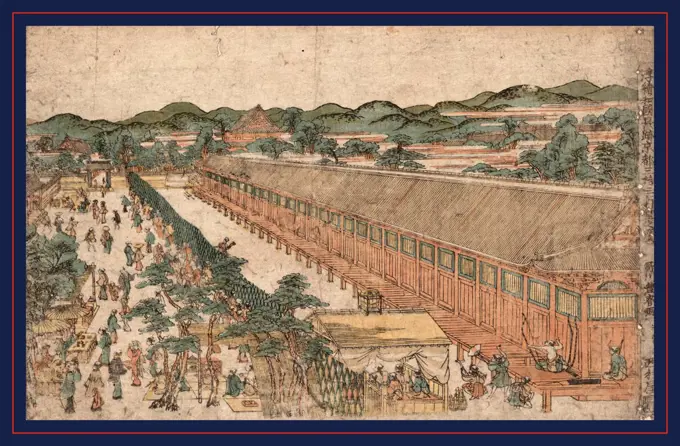 Kyoto sanjusangendo no zu, View of Sanjusangendo in Kyoto., Utagawa, Toyoharu, 1735-1814, artist, between 1764 and 1772, 1 print : woodcut, color ; 24.4 x 36.5 cm., Print shows a wooden building, Sanjusangendo, a Buddhist temple housing 1001 statues of Kannon, a Buddhist goddess, with an archer kneeling at one end shooting an arrow into the bull's-eye of a target at the other end of the building. Also shows the judge's stand and a long promenage on the left with many pedestrians and street ven