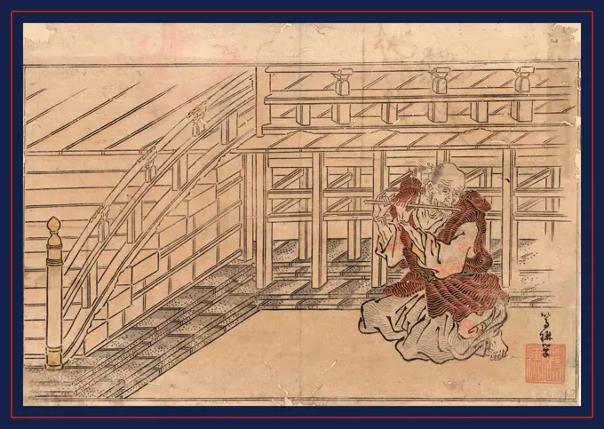 Fuefuki okina, Old man playing a flute., 1795 or 1796, 1 print : woodcut, color ; 25.4 x 36.5 cm., Print shows an old man kneeling on the ground playing a flute.