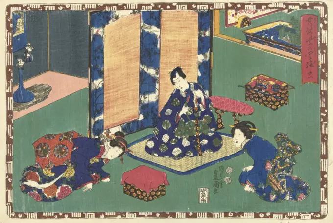Prince Genji sitting on a rug in a room, Japanese print, Kunisada (I), Utagawa, Kinugasa Fusajiro, Watanabe Shoemon, 1849 - 1850