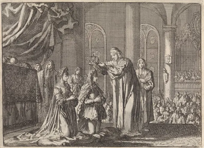 Coronation of William III and Mary II Stuart by the Archbishop of Canterbury, 1689, Jan Luyken, Pieter van der Aa (I), 1698