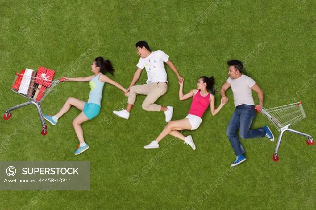 Young people lying on grass with shopping carts