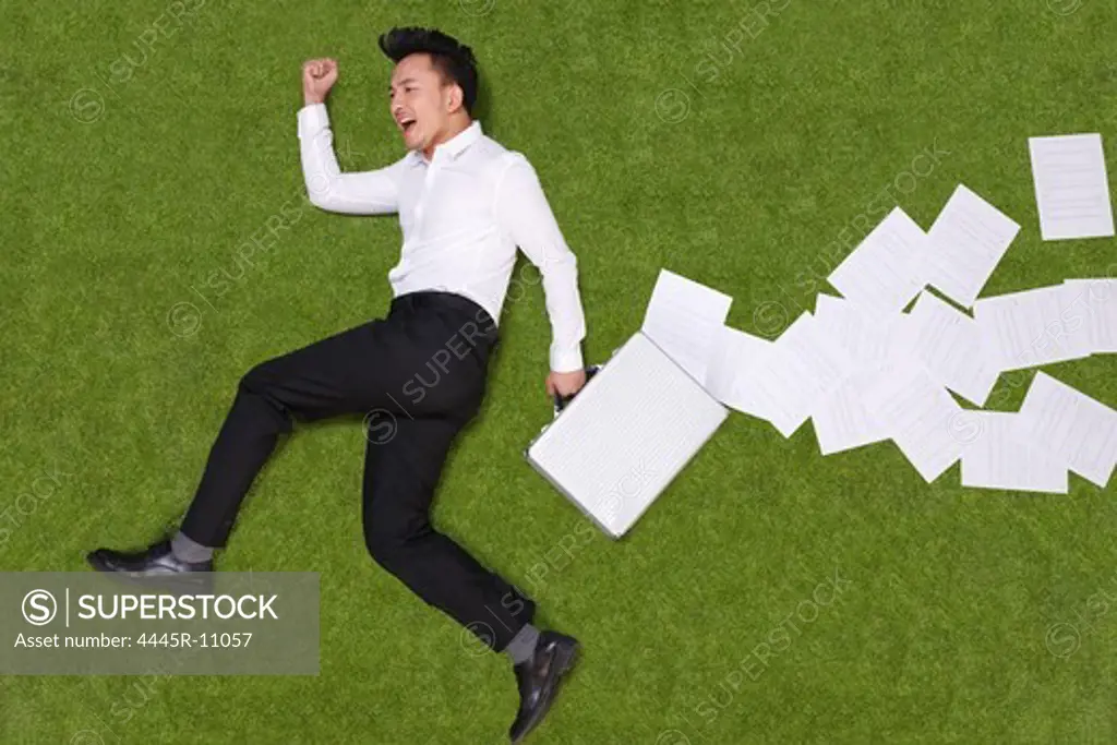 Young man holding briefcase lying on grass