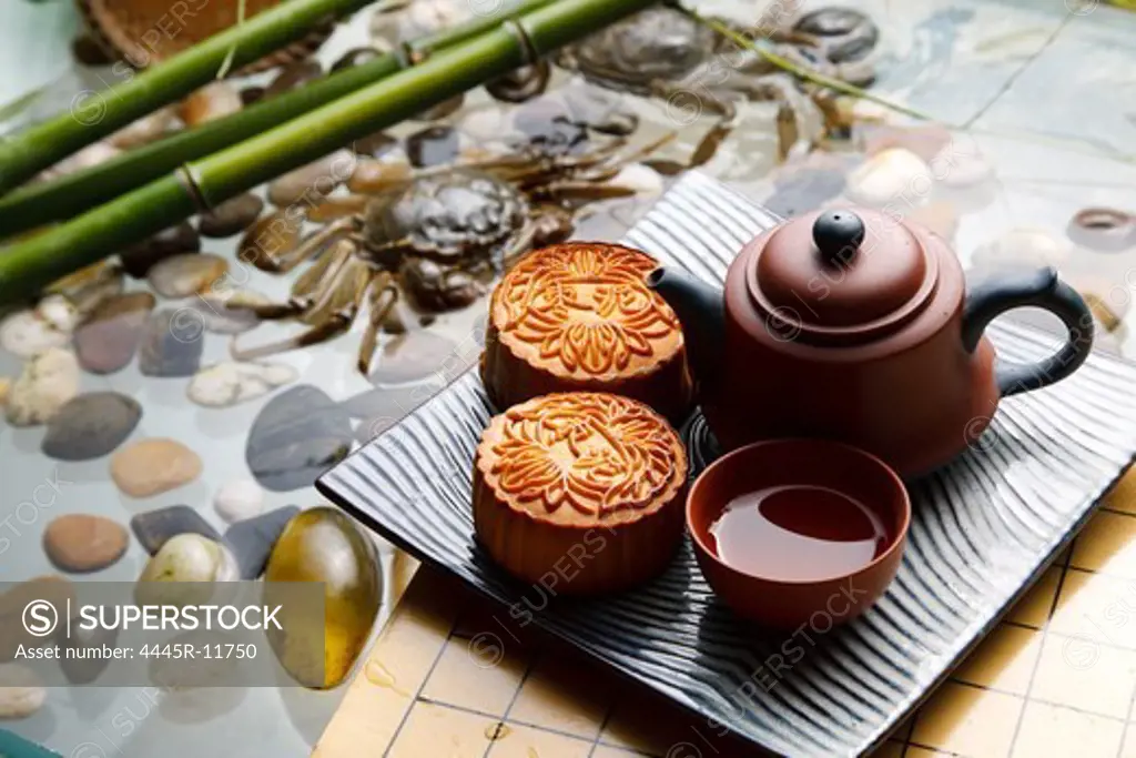 Close-up of crabs and moon cakes