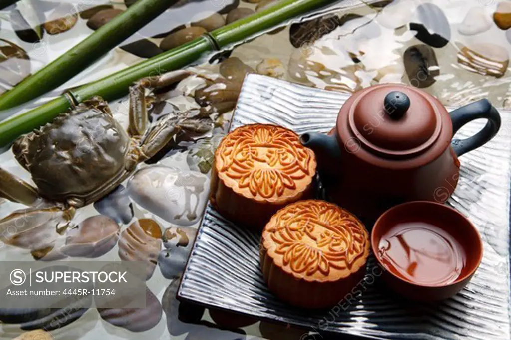 Close-up of crabs and moon cakes