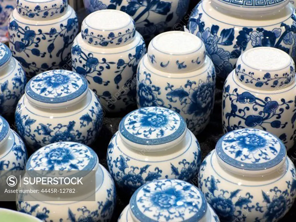 Close-up of blue and white porcelain jars