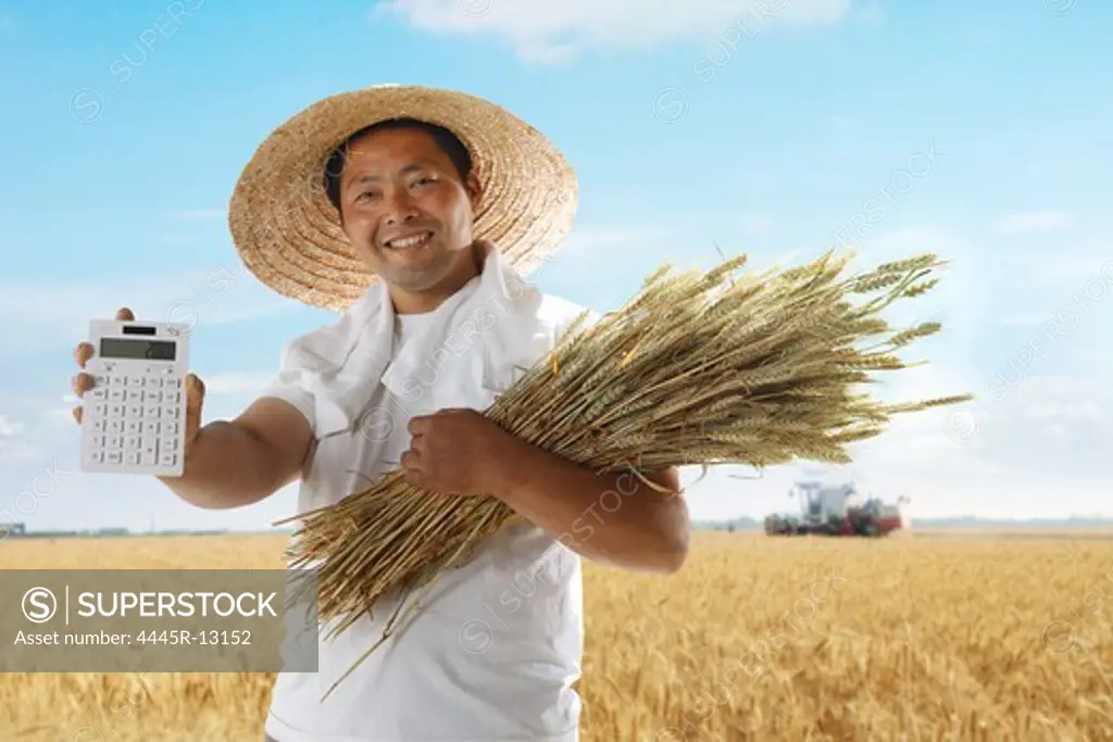 Farmer holding wheat and calculator