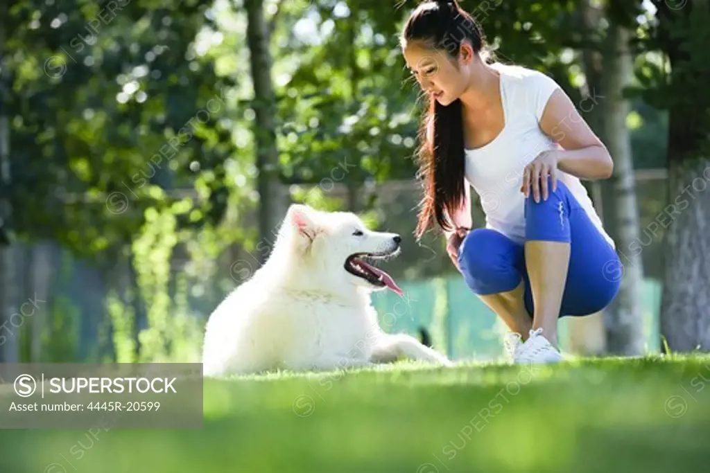 Young woman and pet dog playing