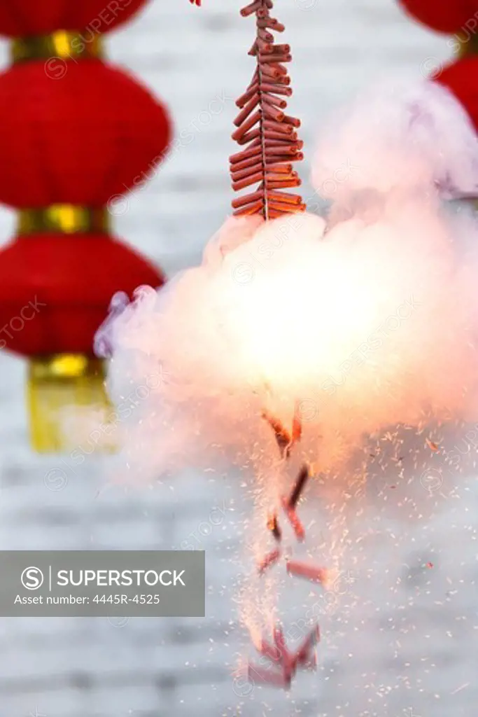 Burning firecrackers and red lanterns