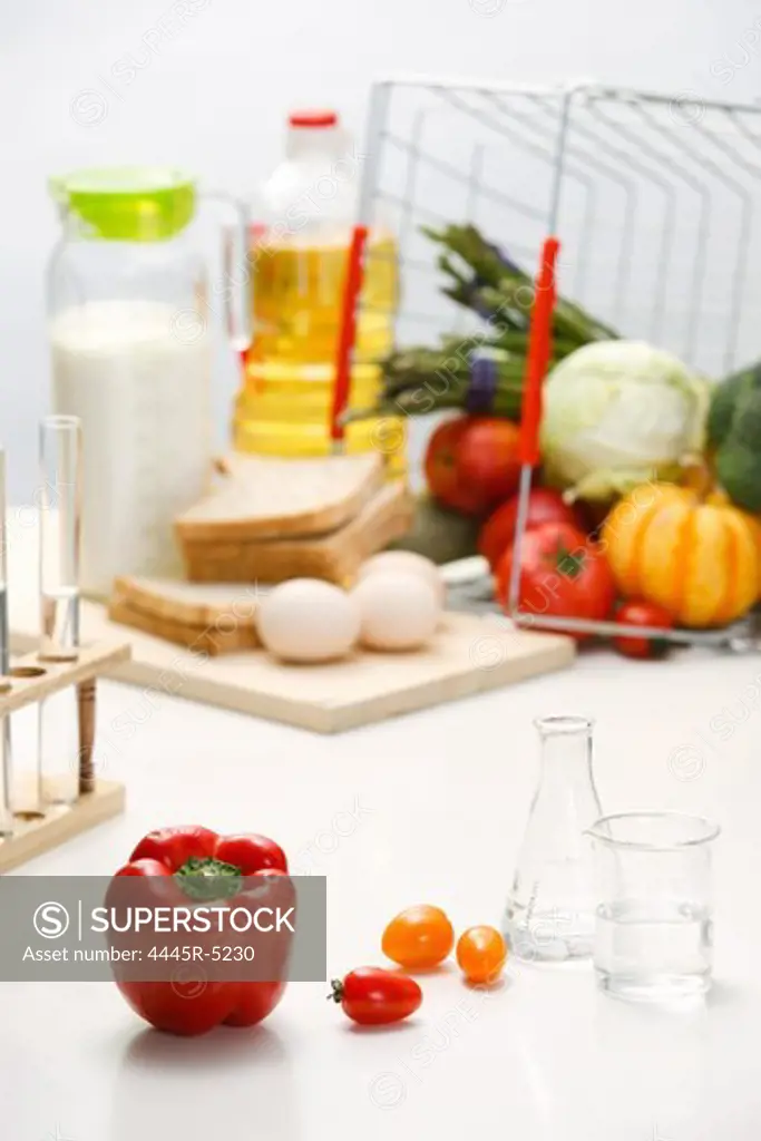 Healthy food and laboratory vessels