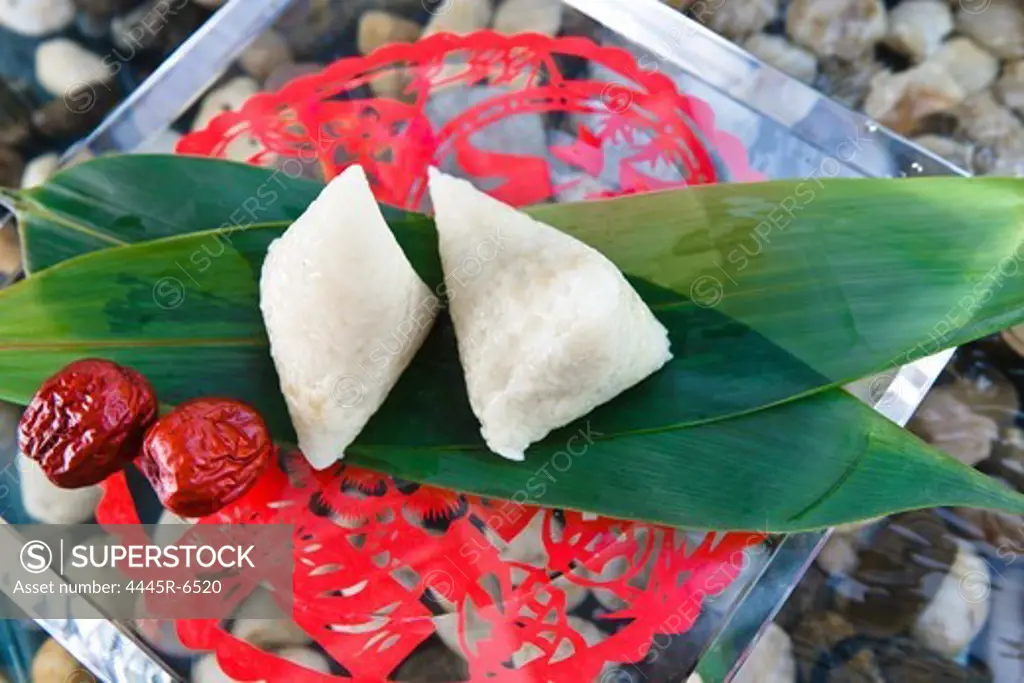 Sticky rice dumplings wrapped in leaves,close up