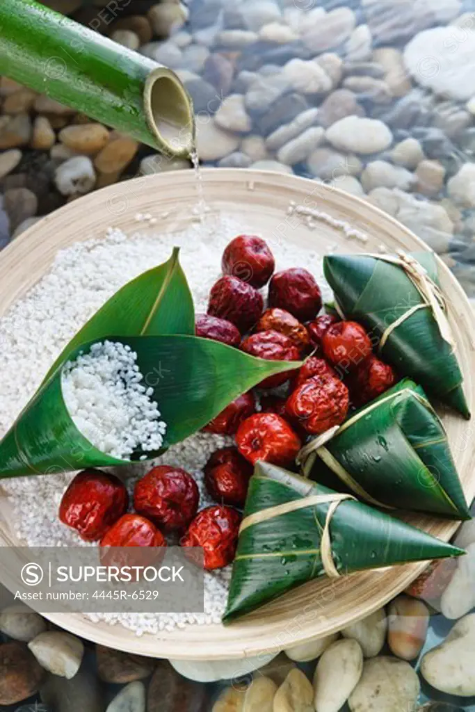 Sticky rice dumplings wrapped in leaves,close up