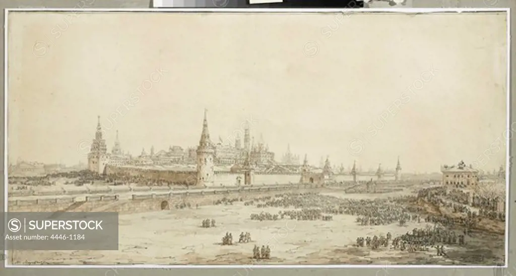 Russia, Moscow, Tretyakov Gallery Moscow, Vorobiev Maxim (1787-1855), View of Kremlin and River Moskva at Great blessing of waters in presence of Emperor Alexander I, 1818, Sepia