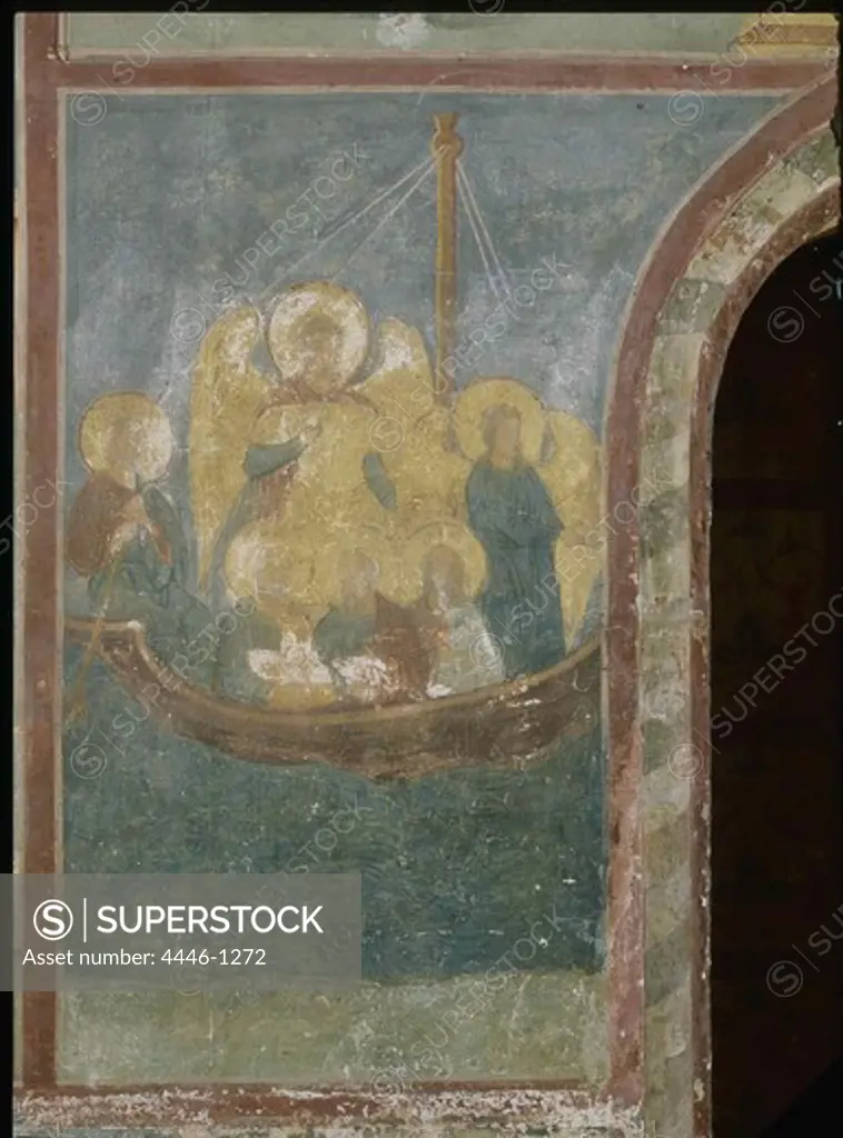 Russia, Yaroslavl, Fresco of Battle of Ship of Church with ship Heretics fragment in Church of Elijah Prophet Yaroslavl
