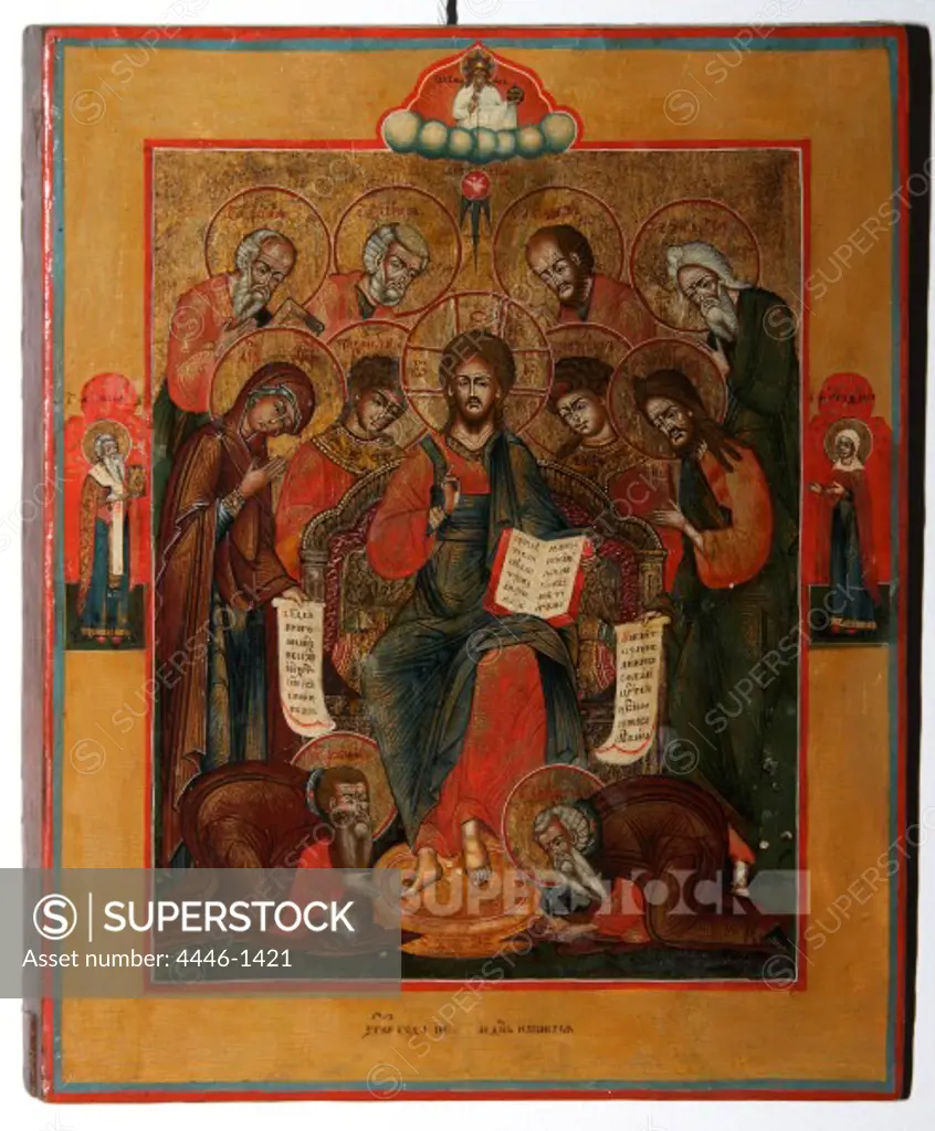 Savior Pantocrator Enthroned with Selected Saints by Krasnoufimsk artists, tempera on wood, gilding