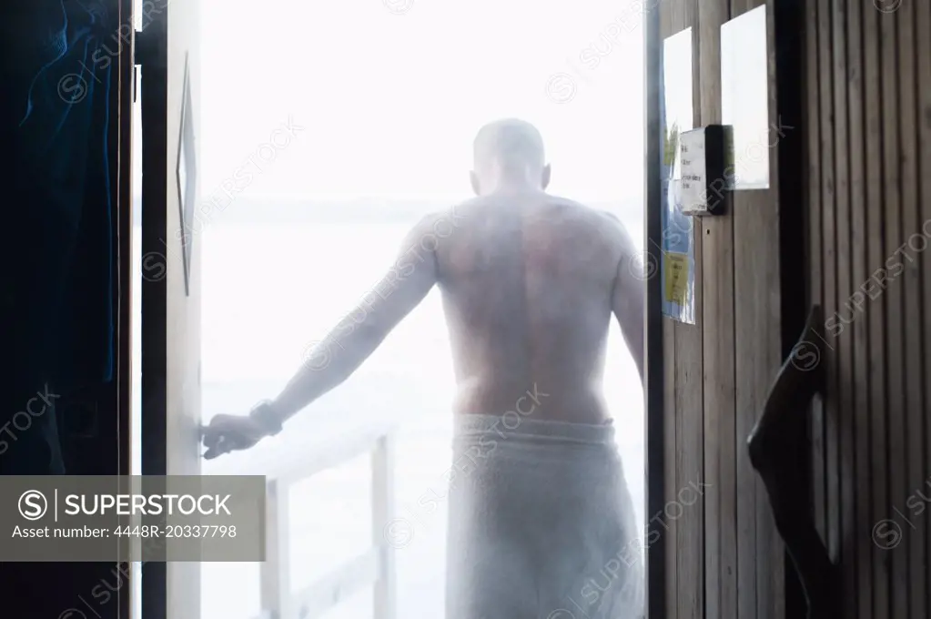 Man leaving sauna