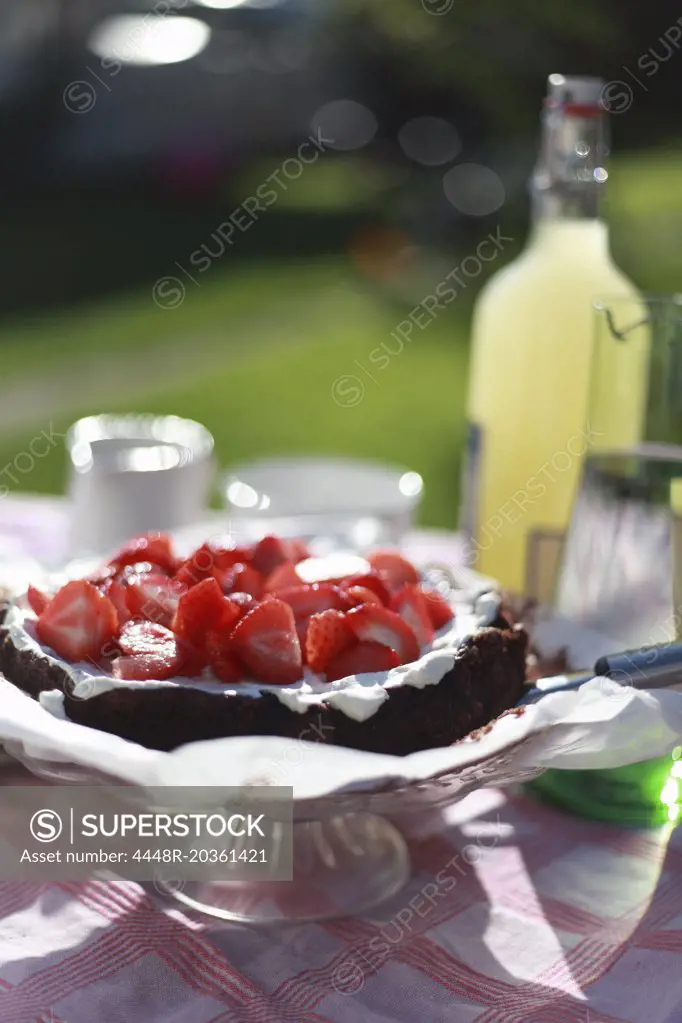 Close-up of strawberries slices on cake outdoors
