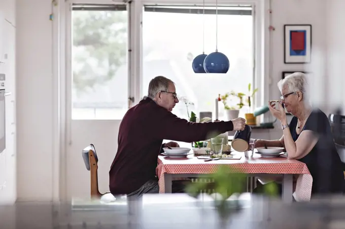 Side view of senior couple eating food at dining table against window