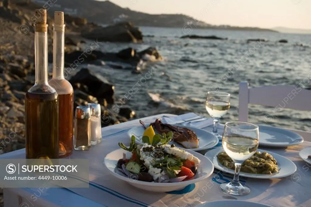 Different greek starters, including salat, served in the Sea Satin Market Restaurant, Mykonos-Town, Mykonos, Greece