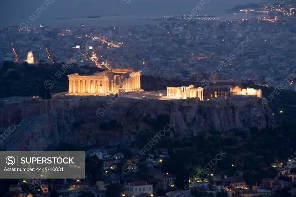 View over Plaka to the illuminated Acropolis at night, Athens, Athens-Piraeus, Greece