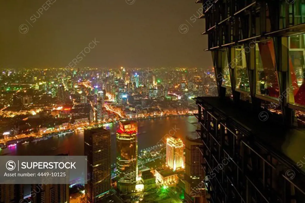 View from Jinmao Tower, Center of Pudong, Huangpu River, Fluss, Pearl Orient Tower, TV Tower, Bund, city centre, Aussicht, observation platform, Aussichtspunkt, Jinmao