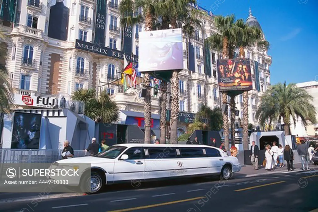 Film Festival, Stretch limousine in front of the Hotel Carlton, Boulevard de la Croisette, Cannes, Cote d'Azur, France