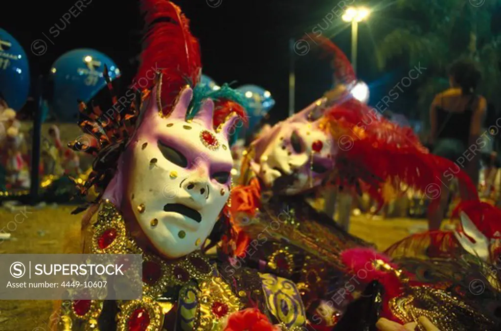 Decorated carnival masks at night, Rio de Janeiro, Brazil, South America, America