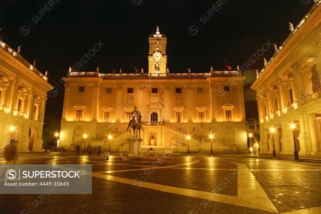 Illuminated buildings at the square Piazza dei Campidoglio at night, Rome, Italy