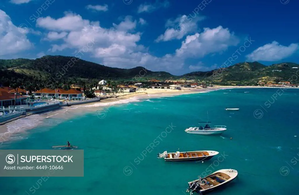 Beach and boats in a bay, St. Jean Beach, St. Barthelemy, St. Barts, Caribbean, America