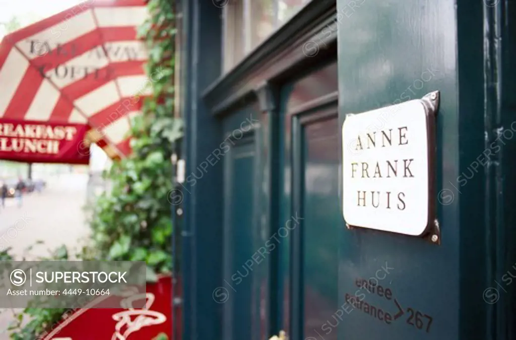 Sign on the house of Anne Frank, Prinsengracht, Amsterdam, Netherlands
