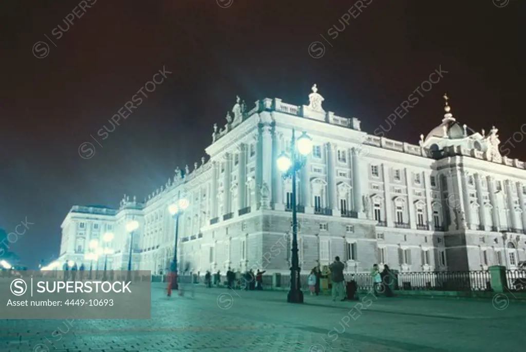 The illuminated Palacio de Oriente at night, Madrid, Spain