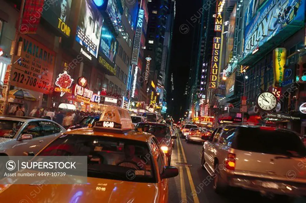 Cars and illuminated advertising at night, 42nd Street &amp;amp; Times Square, Manhattan, New York, USA, America