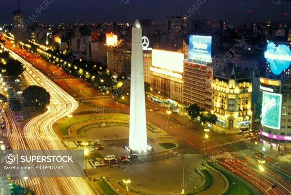 View at Avenida 9 de Julio street and obelisk at night, Buenos Aires, Argentina, South America, America