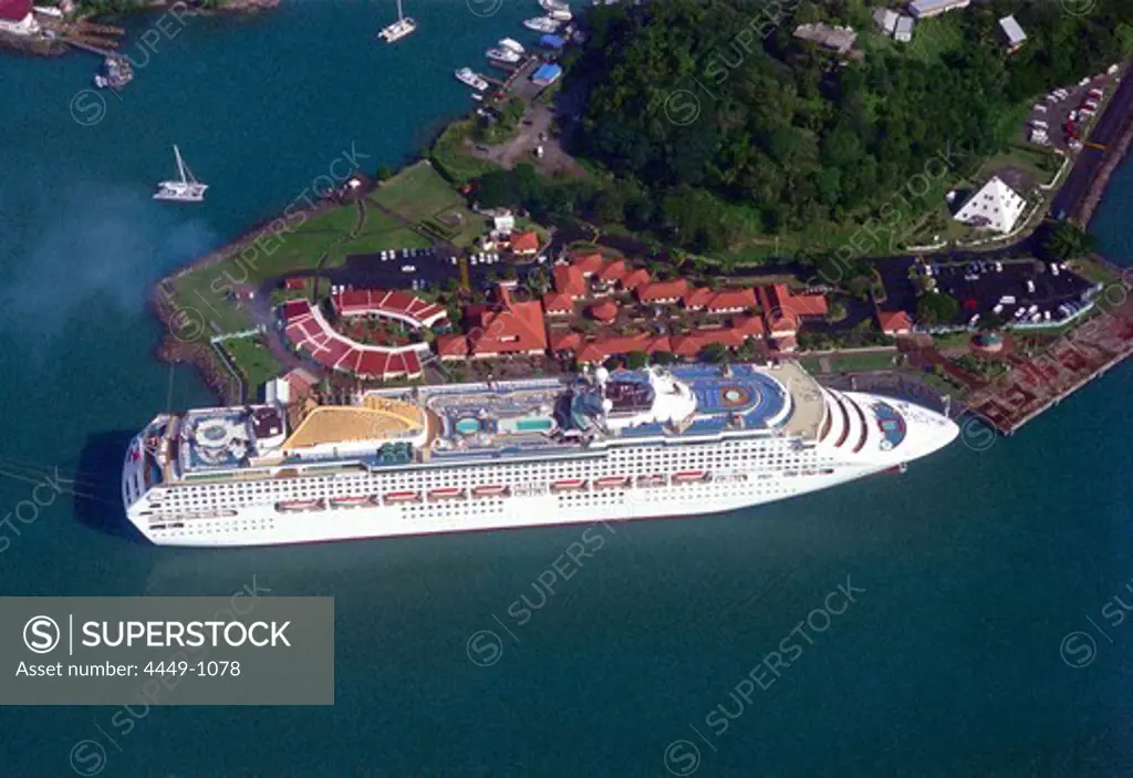 Aerial view of cruise ship, Castries, St. Lucia, Caribbean, America