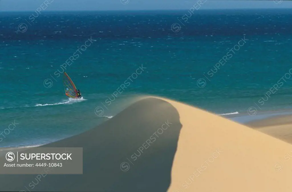Sand dune and sail boarder in the sunlight, Fuerteventura, Canary Islands, Spain, Europe